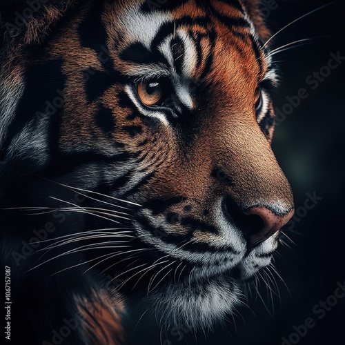 A close-up of a majestic tiger's face, showcasing its intense gaze and striking fur patterns against a dark background.