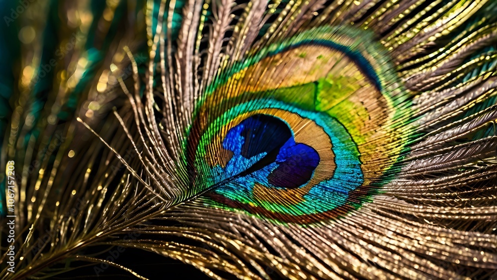 Fototapeta premium A detailed shot of a peacock feather, focusing on the eye pattern with iridescent hues of green, teal, and gold.