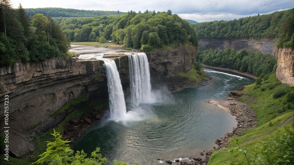 Majestic waterfall thunders into stillness, dynamics, motion, power, noise Majestic waterfall thunders into stillness, dynamics, motion, power, noise