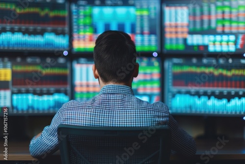 Trader analyzing financial markets with multiple colorful charts on screens in a high-tech trading room