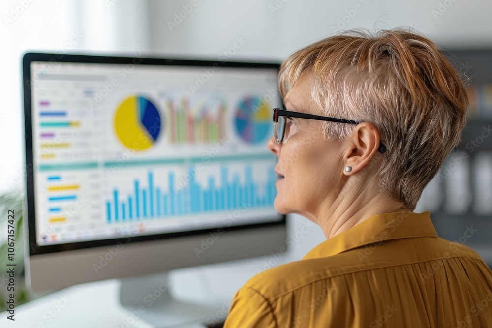 Businesswoman analyzing financial data and charts on a desktop computer in a modern office Businesswoman analyzing financial data and charts on a desktop computer in a modern office