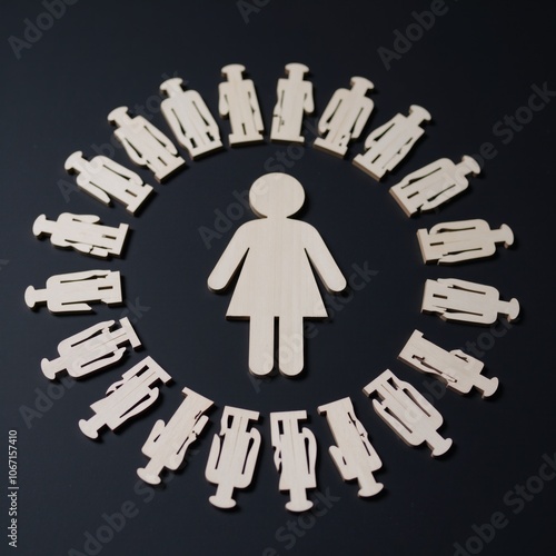 A wooden silhouette representing femininity encircled by a throng of masculine figures in a ring pattern against a dark backdrop illustrating themes of racism and sexism photo