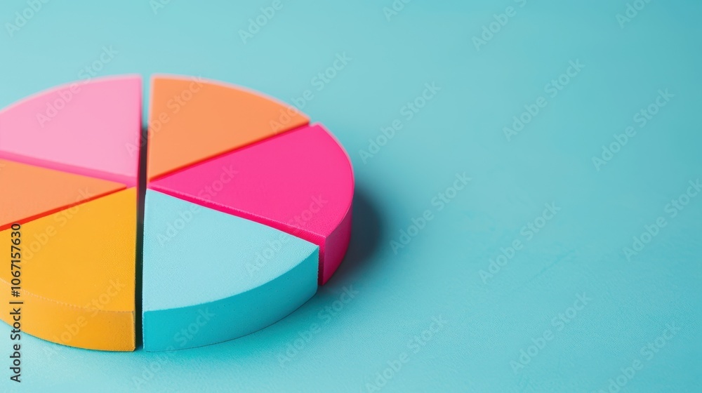 Obraz premium Bright and colorful segmented pie chart model on a blue background for data presentation