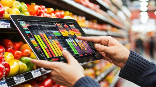 Hands Engaging with Digital Inventory Management System Amid Colorful Produce in Grocery Aisle for Efficient Stock Control