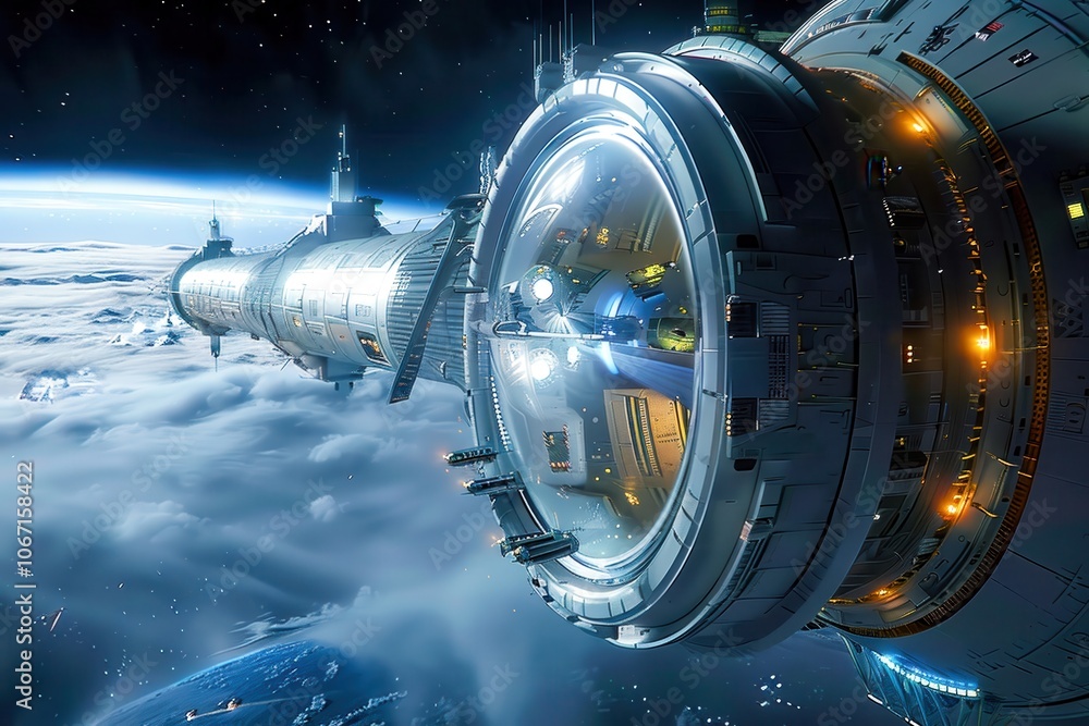 massive orbital spaceship with a glowing cockpit hovers above the cloud-covered surface of a distant planet, illuminated by interior lights, showcasing intricate design details massive orbital spaceship with a glowing cockpit hovers above the cloud-covered surface of a distant planet, illuminated by interior lights, showcasing intricate design details