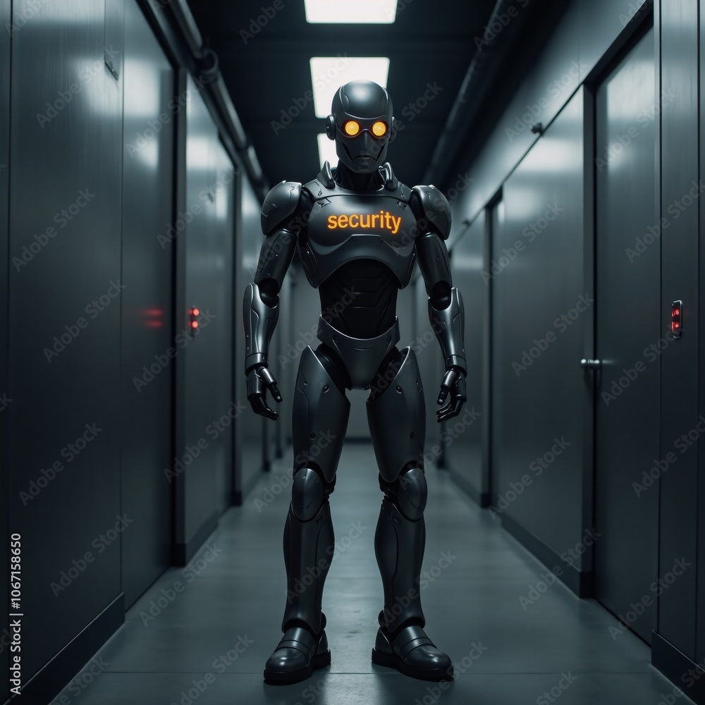 Futuristic security guard robot displaying Security stands in a dimly-lit hallway Futuristic security guard robot displaying Security stands in a dimly-lit hallway