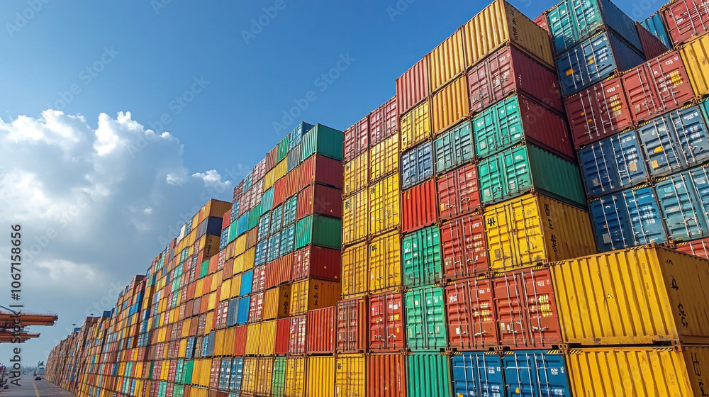 Fototapeta premium Container ship with stacked cargo boxes at a bustling port, global logistics in action