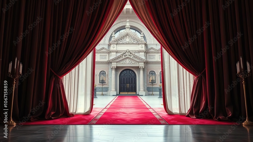 Velvet curtains draped across a grand entrance with a sweeping red carpet leading up to a majestic facade, grand entrance, red carpet, sweeping Velvet curtains draped across a grand entrance with a sweeping red carpet leading up to a majestic facade, grand entrance, red carpet, sweeping