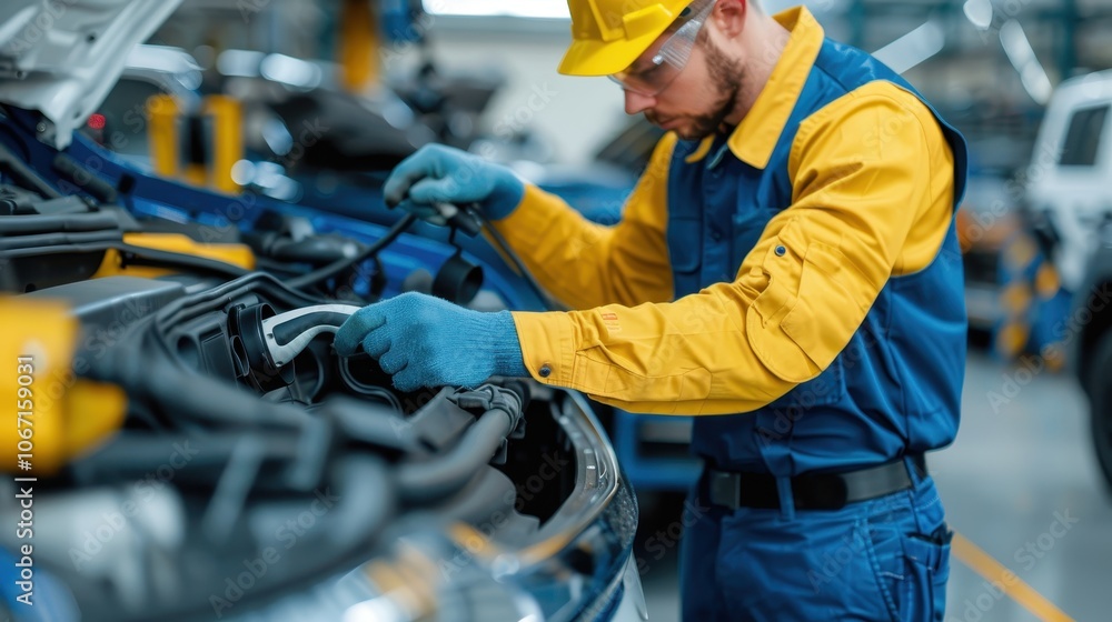 Automotive Technician Charging Electric Car in Factory Wearing Safety Gear Automotive Technician Charging Electric Car in Factory Wearing Safety Gear