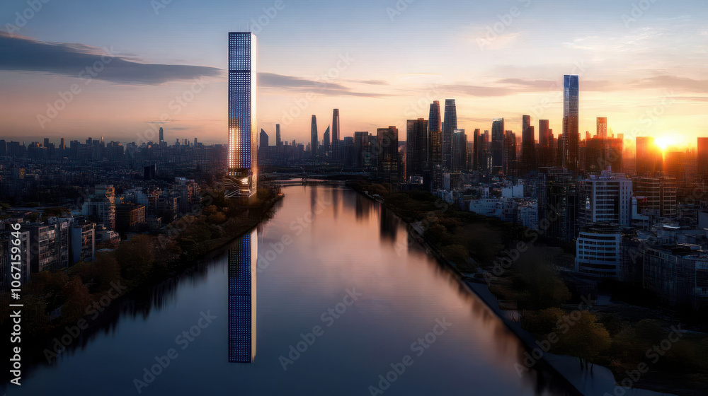 Fototapeta premium Futuristic cityscape with solar paneled skyscrapers at sunset