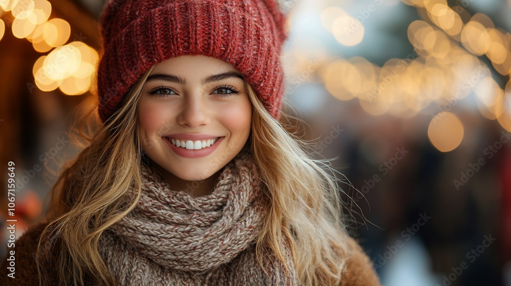 A young woman with a warm smile, wearing a red knitted hat and scarf, stands in front of a blurry background of Christmas lights. A young woman with a warm smile, wearing a red knitted hat and scarf, stands in front of a blurry background of Christmas lights.