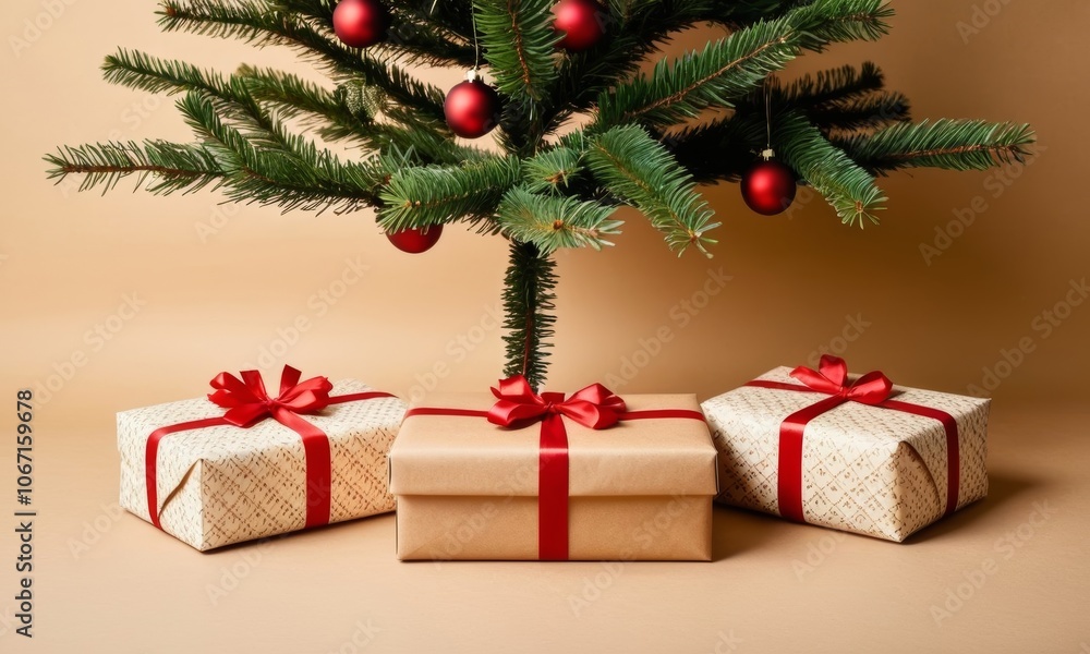 Retro presents under tree with ribbons and natural kraft wrapping, evoking a minimalist and festive Christmas mood Retro presents under tree with ribbons and natural kraft wrapping, evoking a minimalist and festive Christmas mood