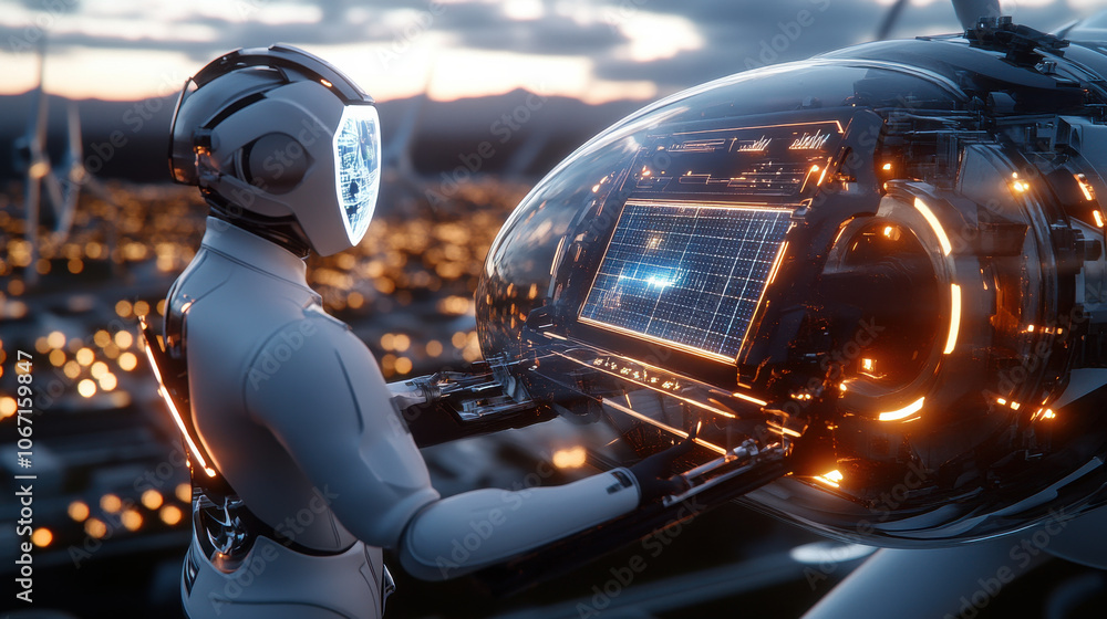 Futuristic robot interacting with advanced technology and energy systems
