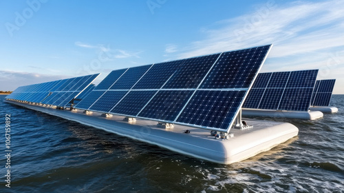 Futuristic floating solar farm on open ocean with blue waves photo