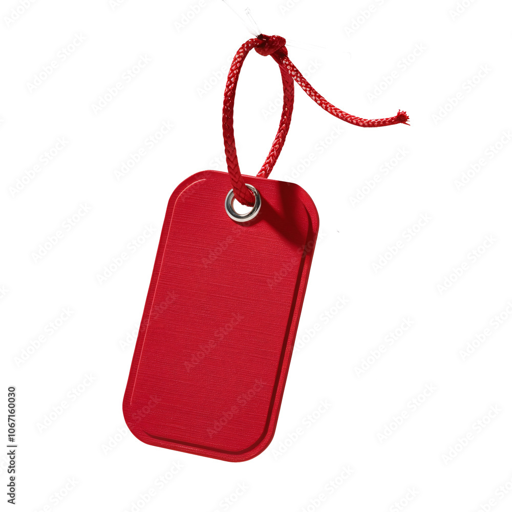 Fototapeta premium A triangular tag with a bright red matte finish accompanied by a strong looping cord fit for labeling and organization. Separated on clear background,transparent PNG