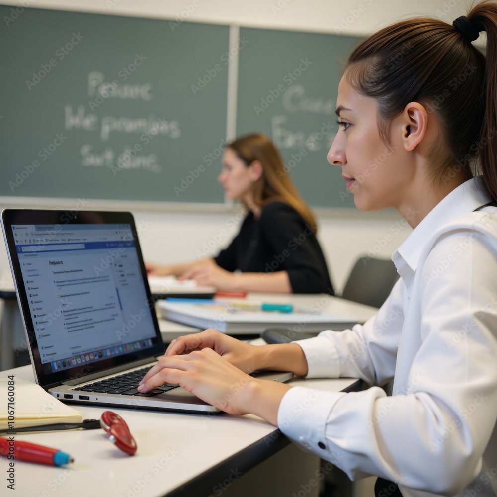 A college student studies using tech during class focusing on e-learning translation while taking notes and utilizing their laptop A college student studies using tech during class focusing on e-learning translation while taking notes and utilizing their laptop
