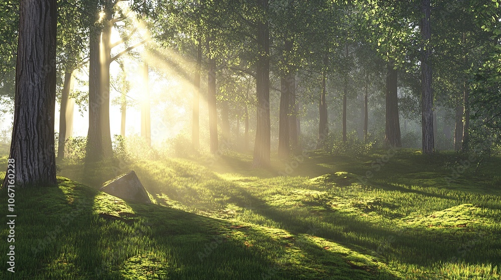 Obraz premium Sunlit Forest with Trees and Grass.