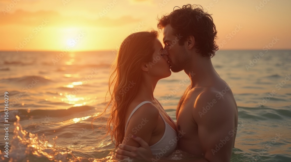 Fototapeta premium Romantic scene of a couple holding each other in the ocean, with gentle waves lapping around them and the sun setting in the background, creating a warm and intimate atmosphere filled with love