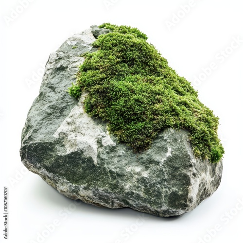 A moss-covered stone, forest element, detailed texture, soft green moss over smooth rock, isolated on white background photo