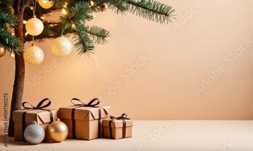 Retro presents under tree with ribbons and natural kraft wrapping, evoking a minimalist and festive Christmas mood photo