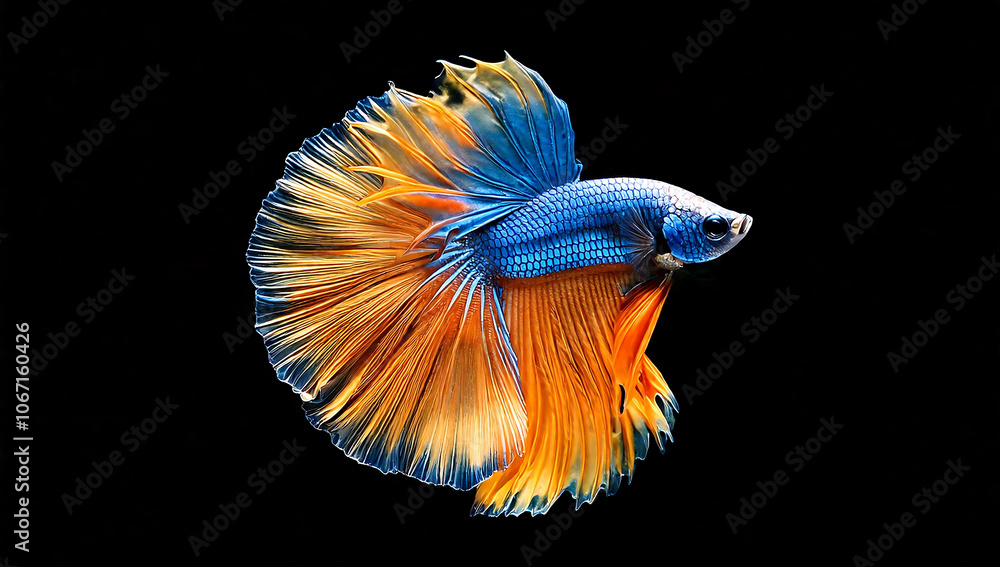 Fototapeta premium Bicolored fighting fish, blue and gold, black background.