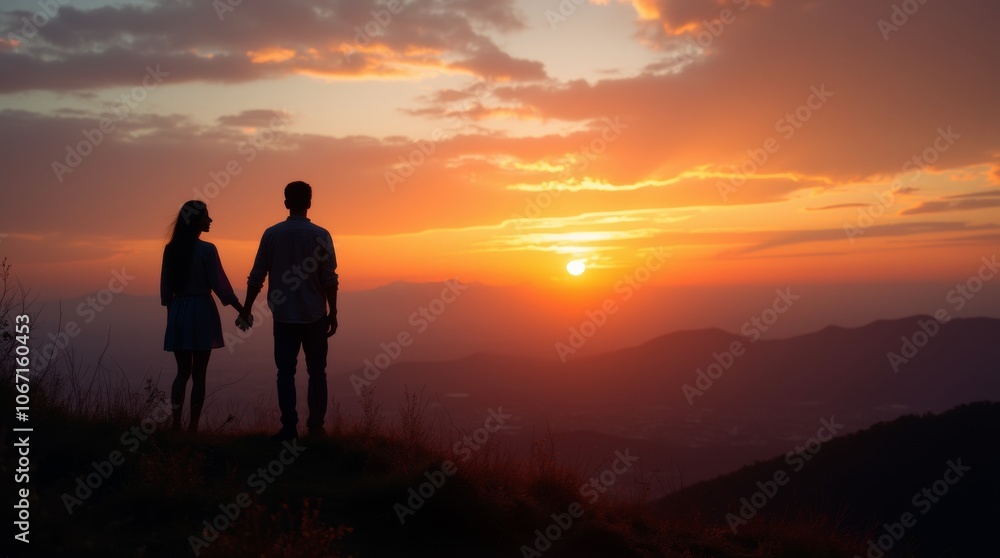 Silhouette of a couple standing hand in hand on a hilltop during sunset, with a breathtaking view of the landscape below and a colorful sky, creating a romantic and serene atmosphere Silhouette of a couple standing hand in hand on a hilltop during sunset, with a breathtaking view of the landscape below and a colorful sky, creating a romantic and serene atmosphere