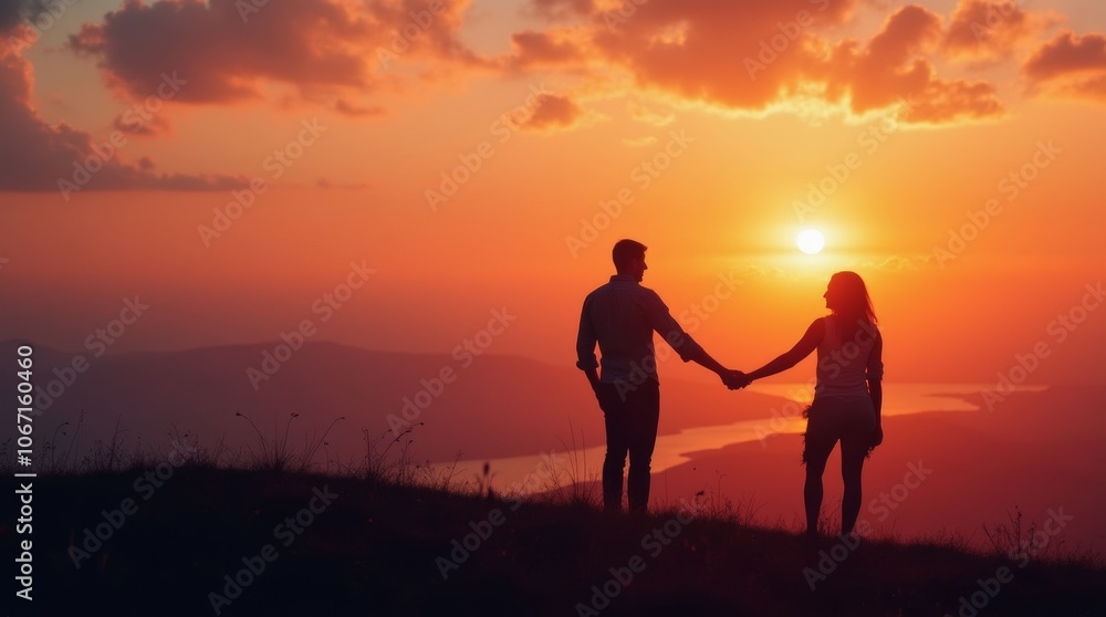 Silhouette of a couple standing hand in hand on a hilltop during sunset, with a breathtaking view of the landscape below and a colorful sky, creating a romantic and serene atmosphere Silhouette of a couple standing hand in hand on a hilltop during sunset, with a breathtaking view of the landscape below and a colorful sky, creating a romantic and serene atmosphere
