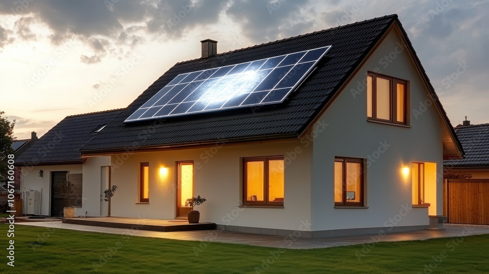Modern solar panel installation on house with evening lighting Modern solar panel installation on house with evening lighting