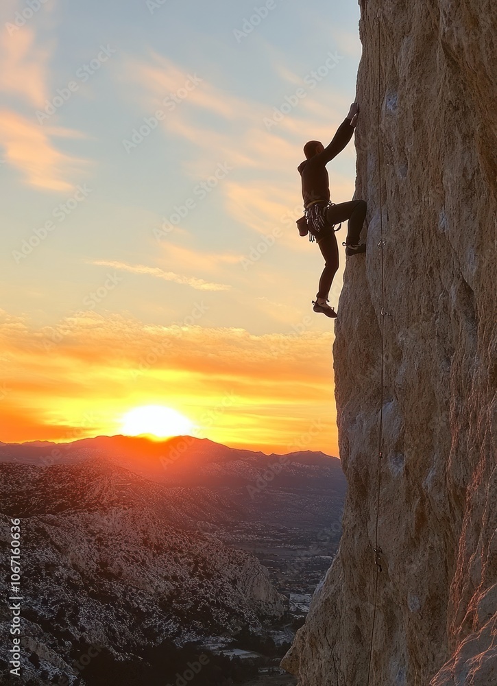 Climber Ascending a Cliff Face at Sunset Climber Ascending a Cliff Face at Sunset