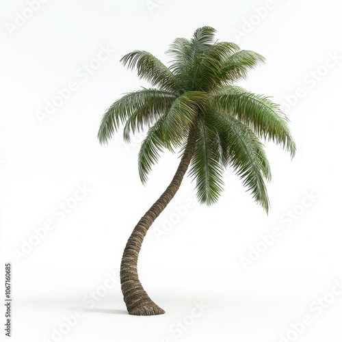 A curved coconut palm tree, tropical element, hyper-realistic 3D rendering, bending trunk with lush green fronds, isolated on white background photo