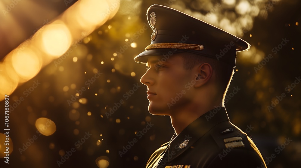 A portrait of honor the profile of a young soldier bathed in golden light symbolizing duty and valor A portrait of honor the profile of a young soldier bathed in golden light symbolizing duty and valor