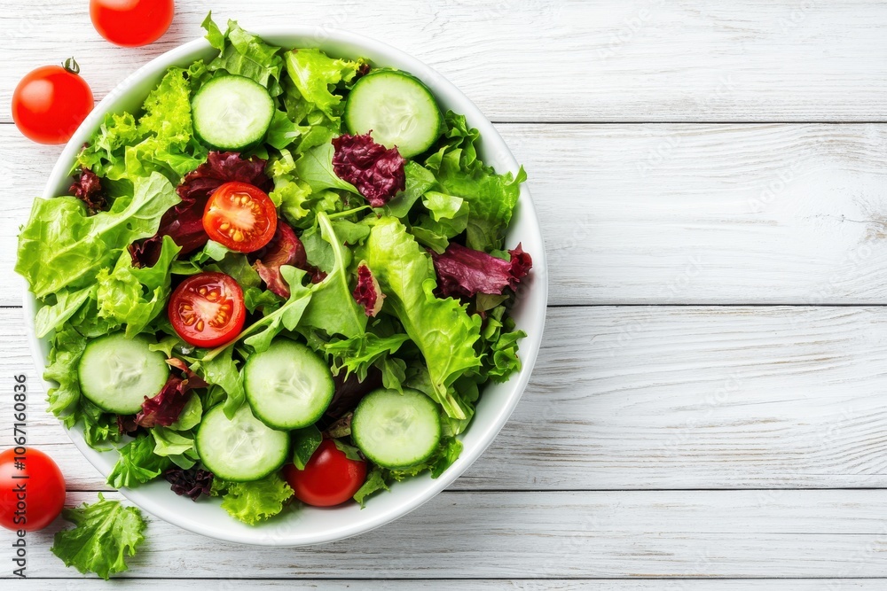 Top view of a colorful salad bowl filled with mixed greens, tomatoes, and cucumbers Top view of a colorful salad bowl filled with mixed greens, tomatoes, and cucumbers