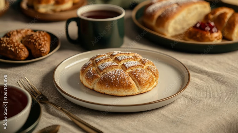 A freshly baked, dusted, sweet bread roll sits on a white plate with a cup of tea, jam, and other pastries in the background. A freshly baked, dusted, sweet bread roll sits on a white plate with a cup of tea, jam, and other pastries in the background.