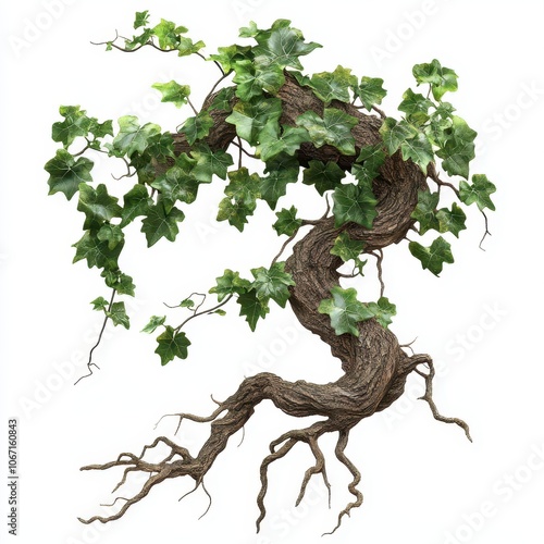 An old vine with twisting roots, realistic detail, deep green leaves and aged brown bark, isolated on white background