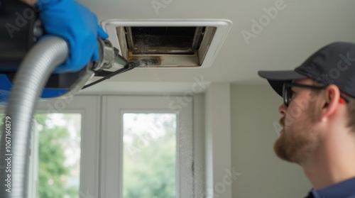 Technician cleaning air ducts with a vacuum hose, inside a modern home, closeup of duct opening with dust and debris being removed, soft daylight illuminating the room, focus on the ventilation system photo