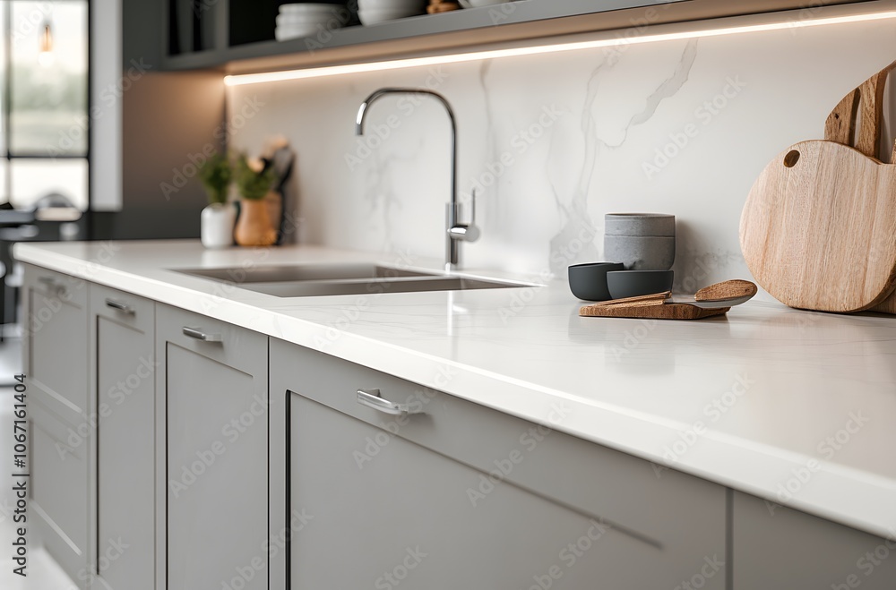 Fototapeta premium Modern Kitchen Countertop with Sink and Wooden Cutting Boards