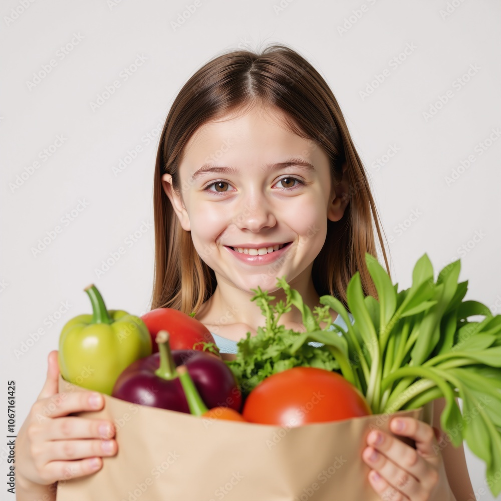 A girl holds a vegetable-filled grocery bag against a pristine white backdrop emphasizing her commitment to a vegan lifestyle A girl holds a vegetable-filled grocery bag against a pristine white backdrop emphasizing her commitment to a vegan lifestyle