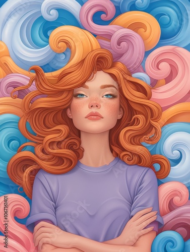 Vibrant portrait of redhead woman amidst colorful swirling patterns