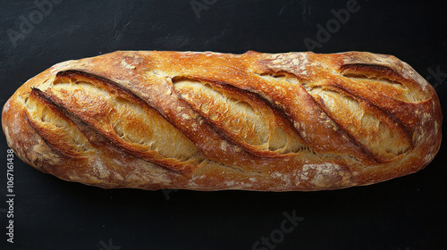 Freshly baked baguette with a crispy crust, rustic and artisanal look photo