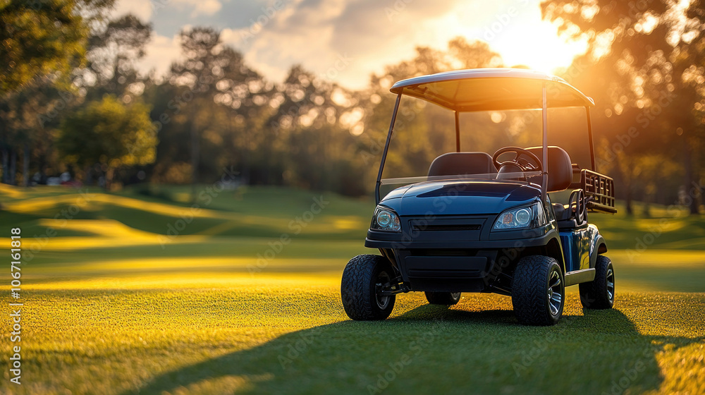 Golf cart driving along a scenic fairway, carefree day on the course Golf cart driving along a scenic fairway, carefree day on the course