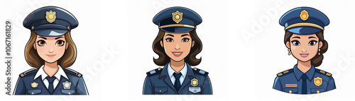 Three female cartoon characters dressed in blue police uniforms with hats.