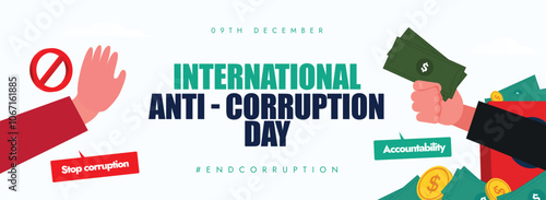 International Anti Corruption Day, 9th December cover banner, post. Anti corruption day cover banner with a man's hand giving bribe money and other man refusing it, no or stop symbol. Awareness post
