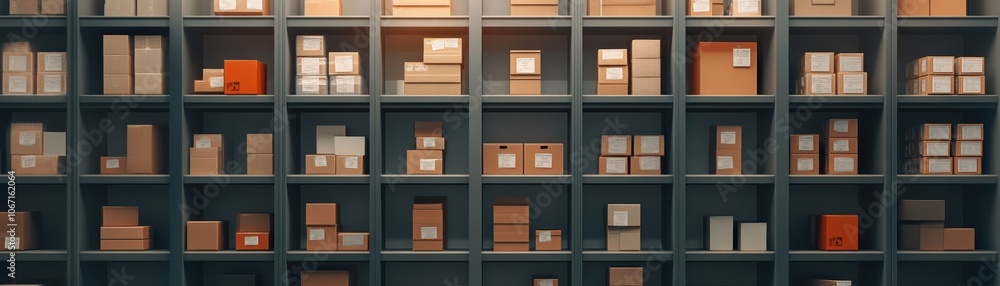Stock control process in action, with warehouse shelves filled with labeled inventory for easy tracking Stock control process in action, with warehouse shelves filled with labeled inventory for easy tracking