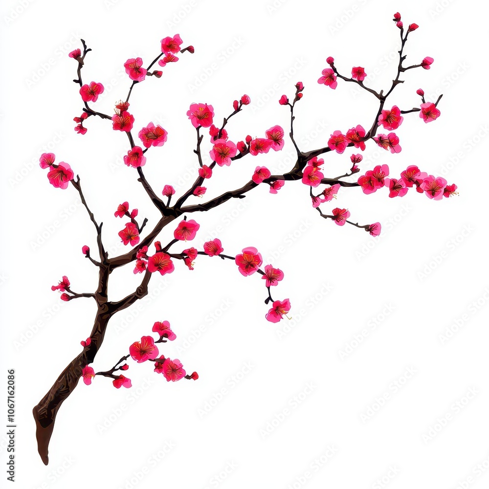 Fototapeta premium A stylized branch with blossoms, abstract design, bright pink flowers and bold brown bark, isolated on white background