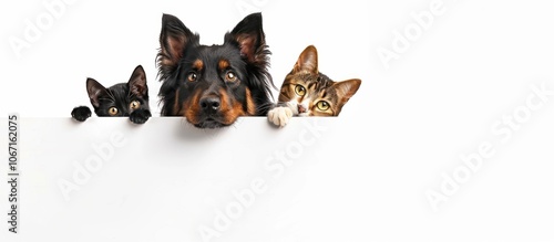Photo of a dog and cat peeking out from behind a blank white banner