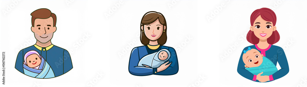 Three cartoon characters, two women and a man, each holding a baby. Three cartoon characters, two women and a man, each holding a baby.