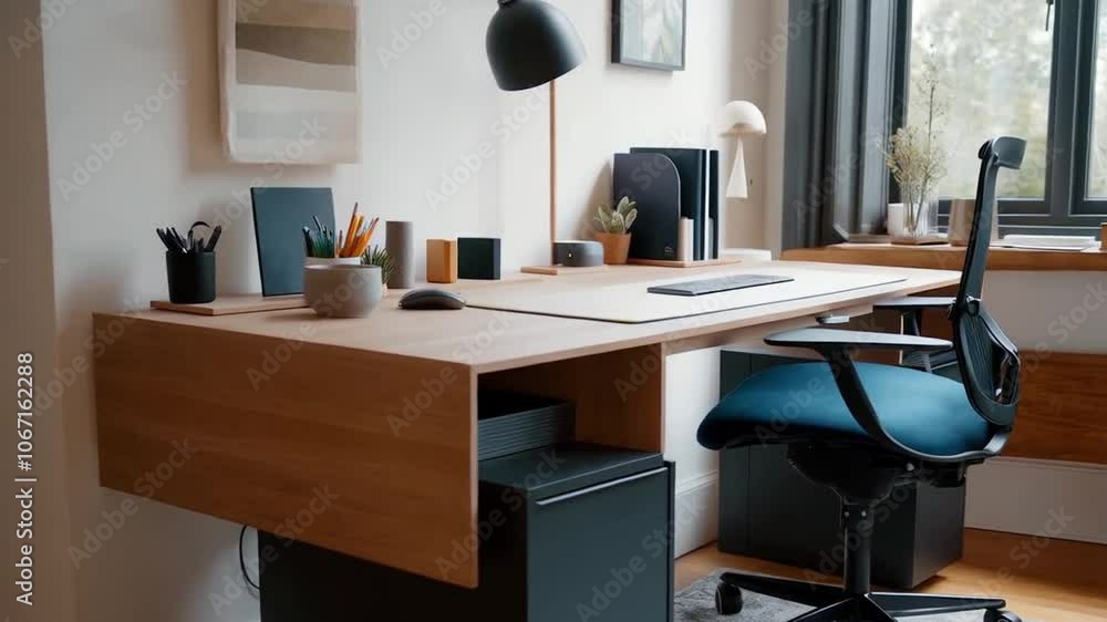Home office features a functional desk with a comfortable chair, designed for productivity. The space is organized with essential work tools, creating an efficient. Home office features a functional desk with a comfortable chair, designed for productivity. The space is organized with essential work tools, creating an efficient.
