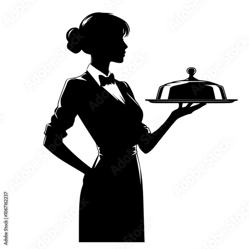 woman waitress with tray silhouette