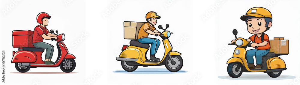 Three cartoon delivery drivers are on scooters. One red, one yellow and one yellow. Three cartoon delivery drivers are on scooters. One red, one yellow and one yellow.