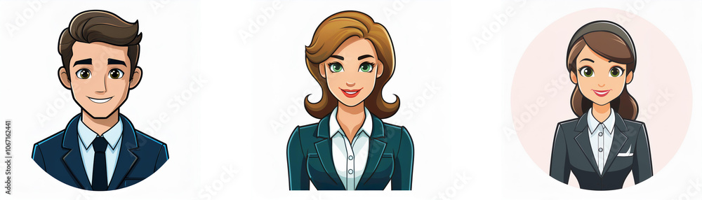 Three cartoon avatars, one male and two female, are wearing professional attire. Three cartoon avatars, one male and two female, are wearing professional attire.